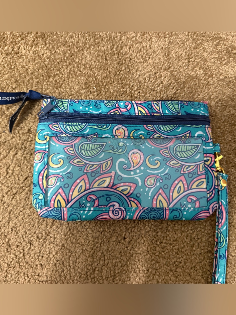 Simply Southern Teal Paisley Wristlet Clutch with Pink & Yellow Accents
